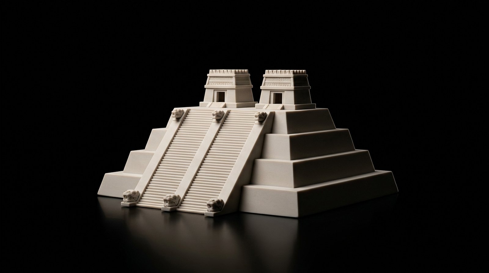 White stone scale model of the Templo Mayor, its twin shrines atop stepped tiers, lit on black