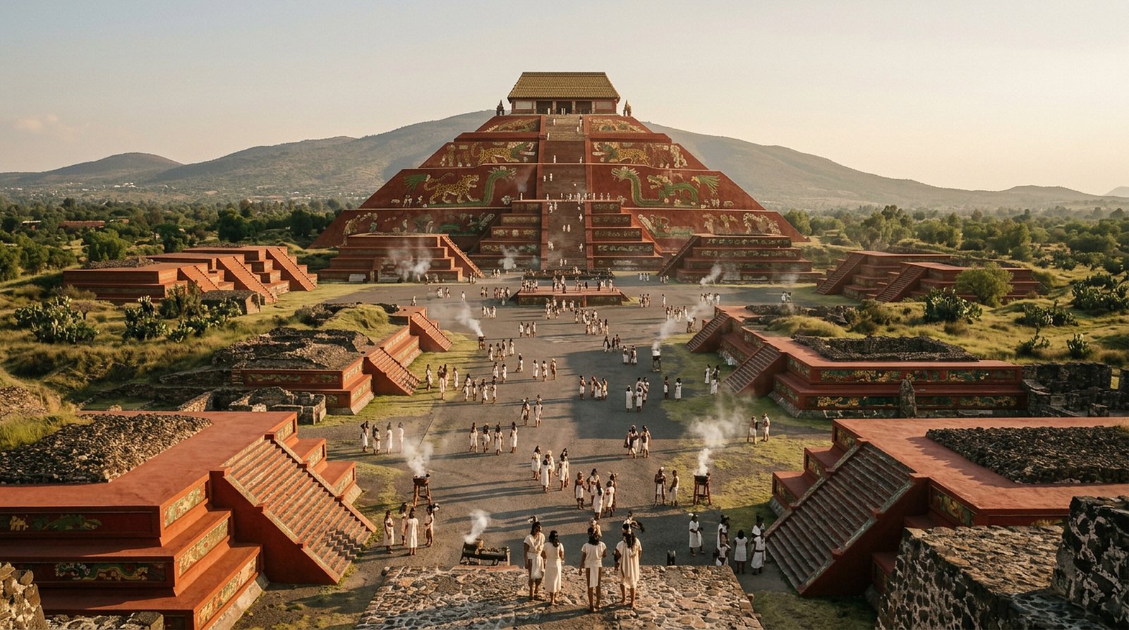 The same view reconstructed around 450 AD, with plastered, painted temples and crowds