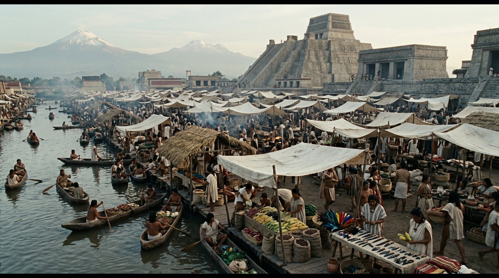 A film still of the Tlatelolco market, crowded with traders under awnings