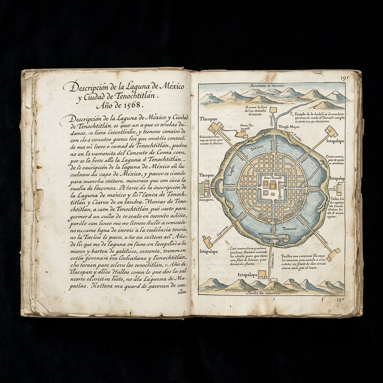 An open sixteenth-century manuscript showing a map of Tenochtitlan