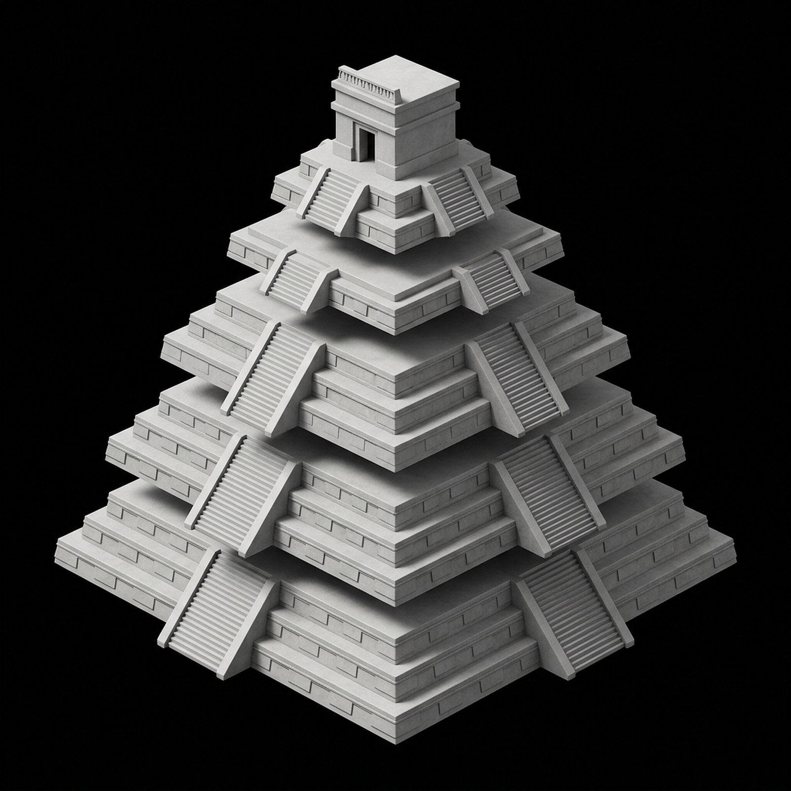 The tiers of a stepped pyramid separated in an exploded view