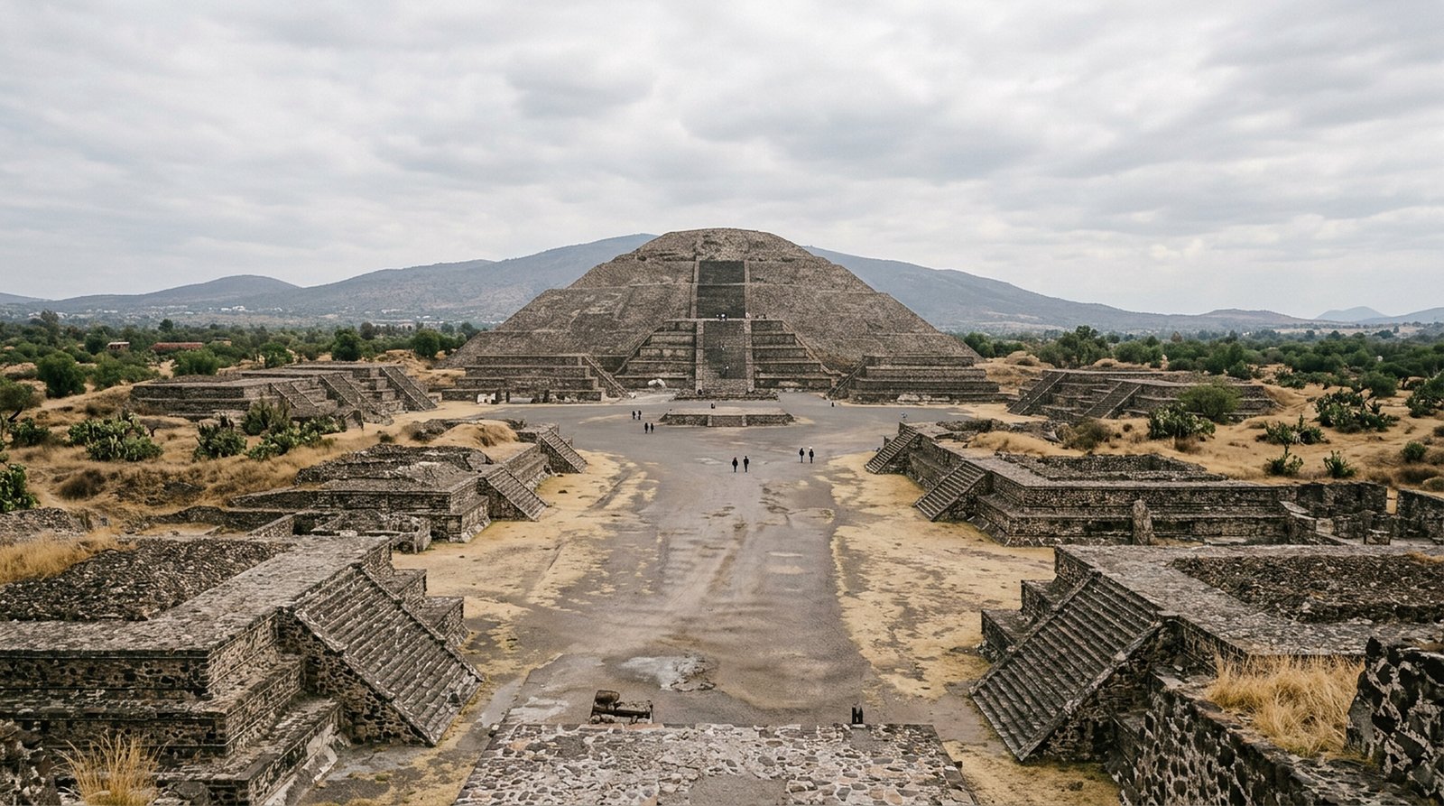 The Avenue of the Dead at Teotihuacan today, ruined platforms and grass